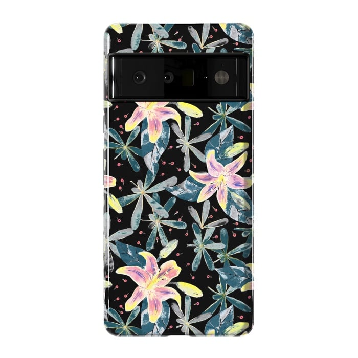 Pixel 6 Pro StrongFit Painted flowers and tropical leaves - dark green by Oana 