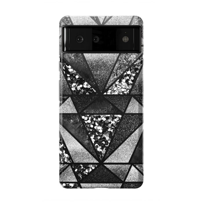 Pixel 6 StrongFit Black and silver glitter sparkle triangles by Oana 
