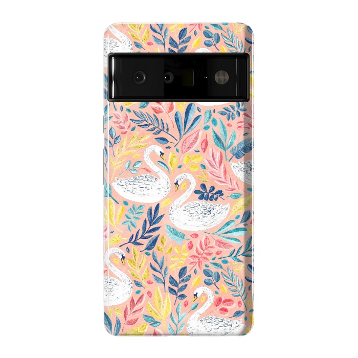 Pixel 6 Pro StrongFit Whimsical White Swans and Colorful Leaves on Pale Peach Pink by Micklyn Le Feuvre