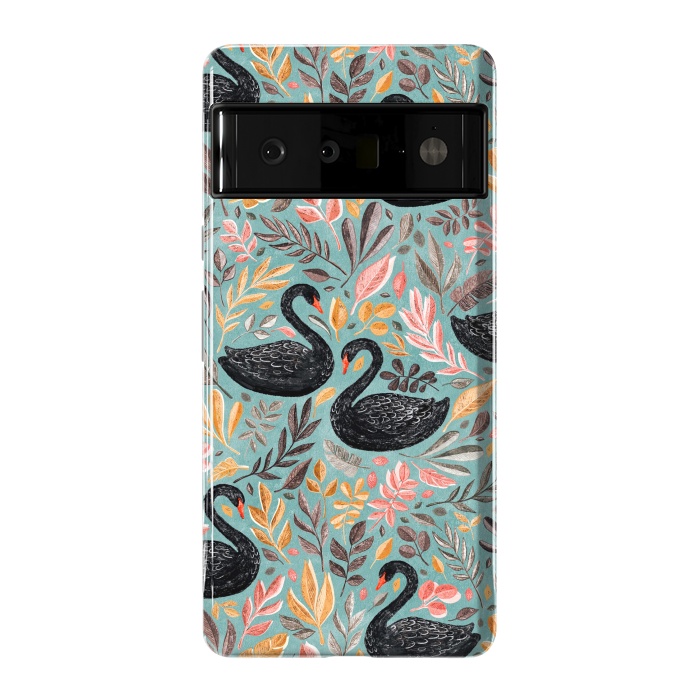 Pixel 6 Pro StrongFit Bonny Black Swans with Autumn Leaves on Sage by Micklyn Le Feuvre