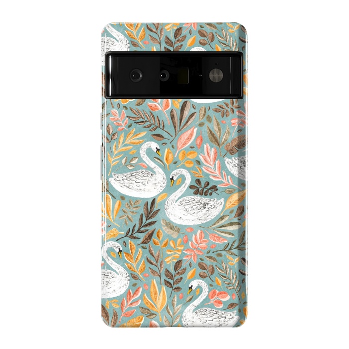 Pixel 6 Pro StrongFit Whimsical White Swans with Autumn Leaves on Sage by Micklyn Le Feuvre