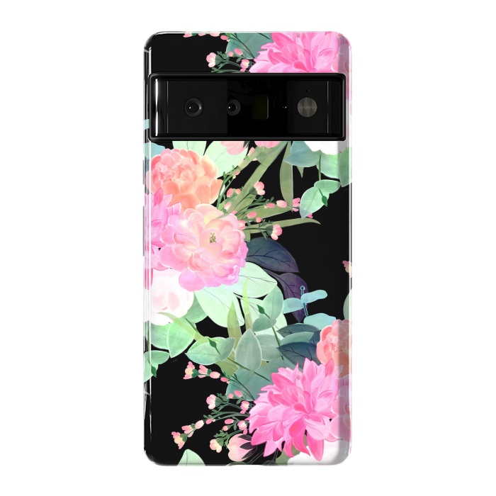 Pixel 6 Pro StrongFit Trendy Pink & Black Flowers Watercolor Design by InovArts
