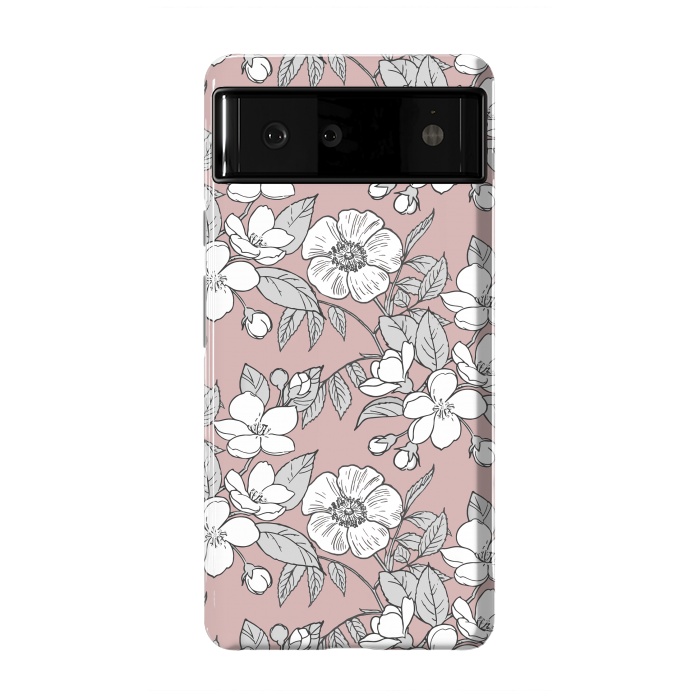 Pixel 6 StrongFit White Cherry flowers line art drawing on pink by Oana 
