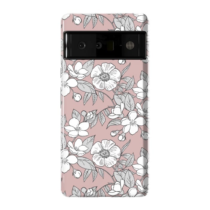 Pixel 6 Pro StrongFit White Cherry flowers line art drawing on pink by Oana 