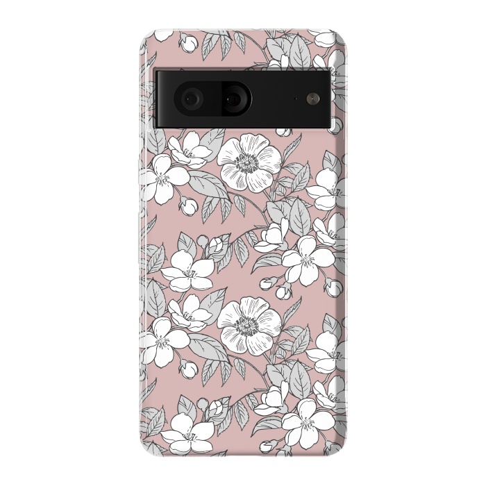 Pixel 7 StrongFit White Cherry flowers line art drawing on pink by Oana 