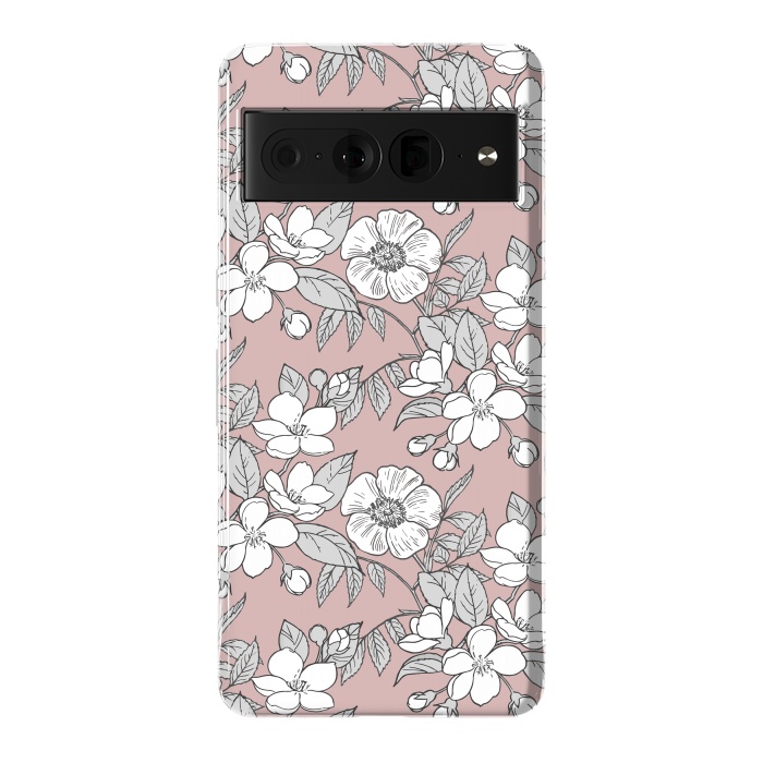 Pixel 7 Pro StrongFit White Cherry flowers line art drawing on pink by Oana 