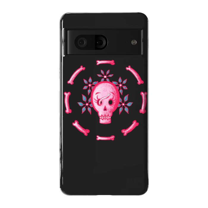Pixel 7 StrongFit Funny Skull In Pink With Flowers And Bones by Boriana Giormova