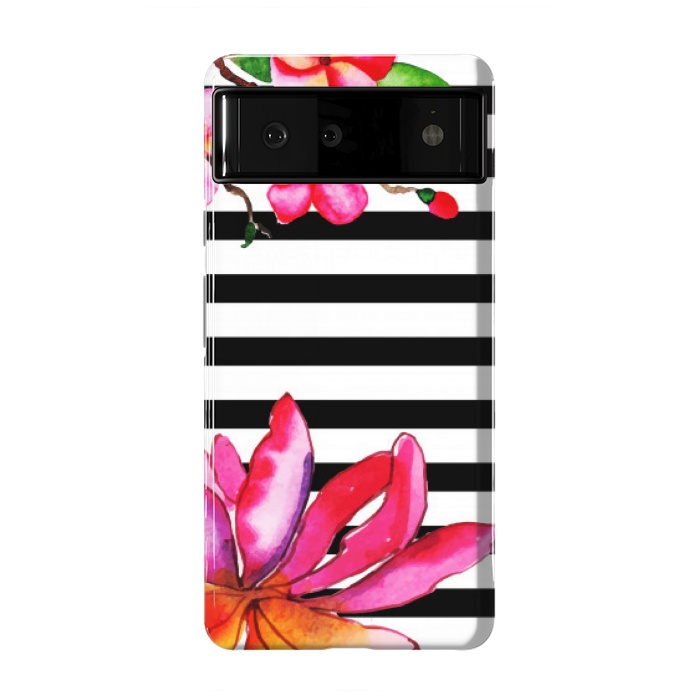 Pixel 6 StrongFit black white stripes floral pink pattern by MALLIKA