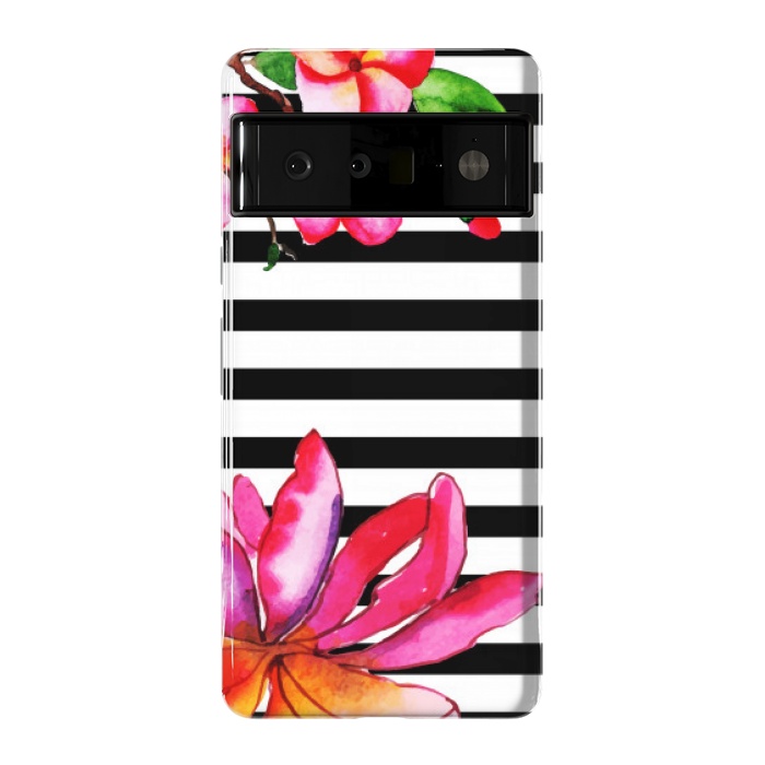 Pixel 6 Pro StrongFit black white stripes floral pink pattern by MALLIKA
