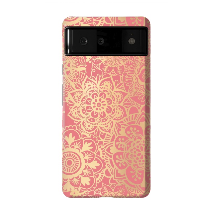 Pixel 6 StrongFit Coral Pink and Gold Mandala Pattern by Julie Erin Designs