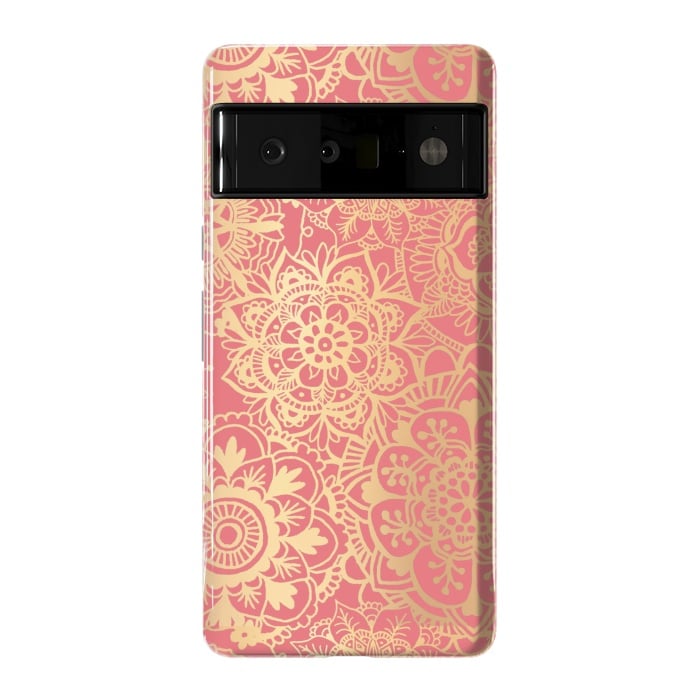 Pixel 6 Pro StrongFit Coral Pink and Gold Mandala Pattern by Julie Erin Designs