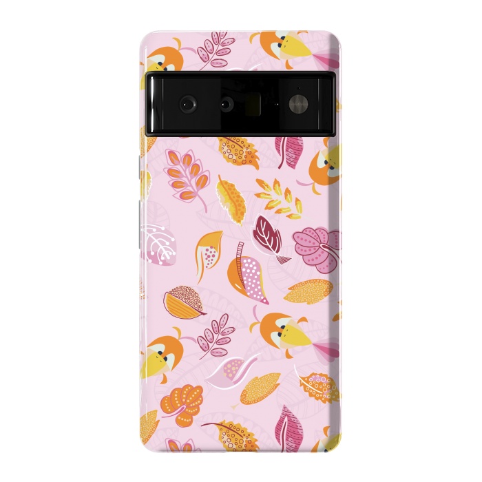 Pixel 6 Pro StrongFit Cute parrots in a fun tossed pattern with funky leaves in pink and orange by Paula Ohreen