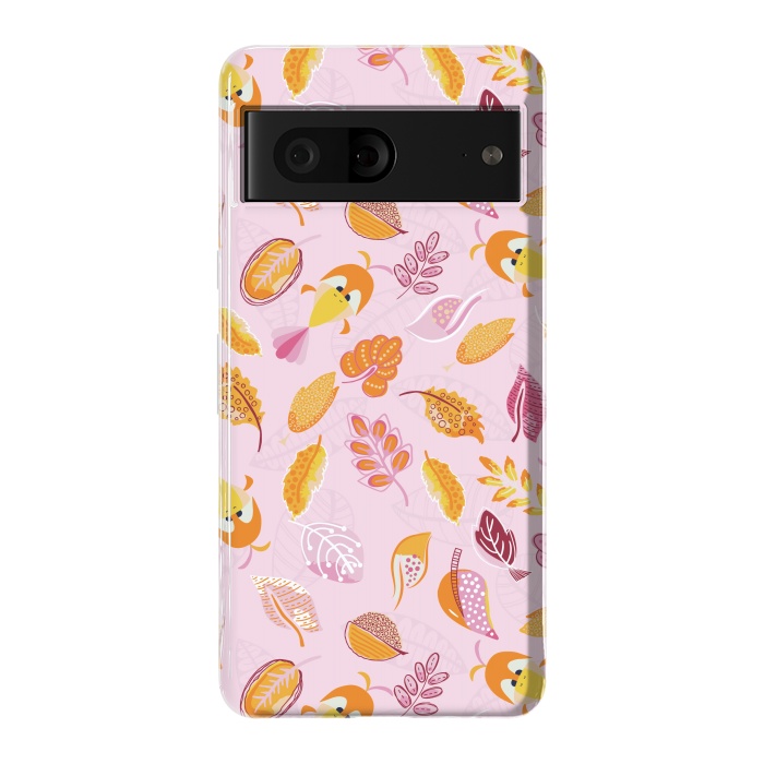 Pixel 7 StrongFit Cute parrots in a fun tossed pattern with funky leaves in pink and orange by Paula Ohreen