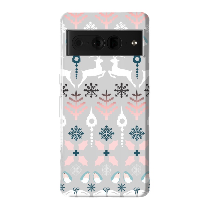 Pixel 7 Pro StrongFit Christmas Fair Isle in Grey, Pink and Blue by Paula Ohreen