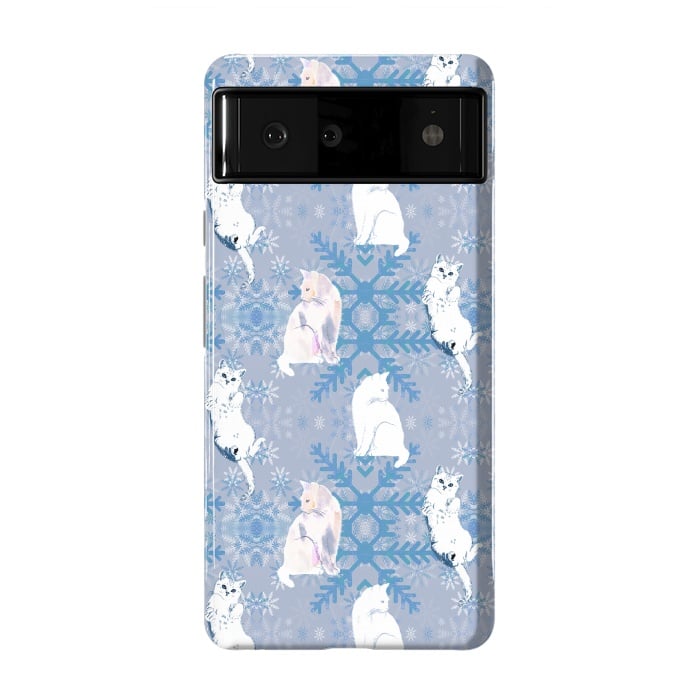 Pixel 6 StrongFit Cute white cats and blue Christmas snowflakes by Oana 