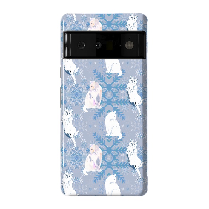 Pixel 6 Pro StrongFit Cute white cats and blue Christmas snowflakes by Oana 