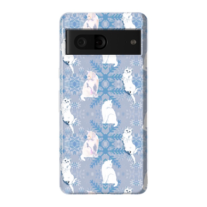 Pixel 7 StrongFit Cute white cats and blue Christmas snowflakes by Oana 