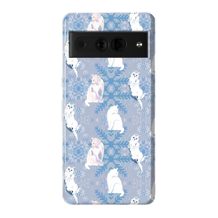 Pixel 7 Pro StrongFit Cute white cats and blue Christmas snowflakes by Oana 