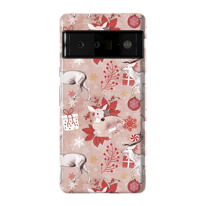 Pixel 6 Pro StrongFit Deers and Christmas ornaments red pink by Oana 