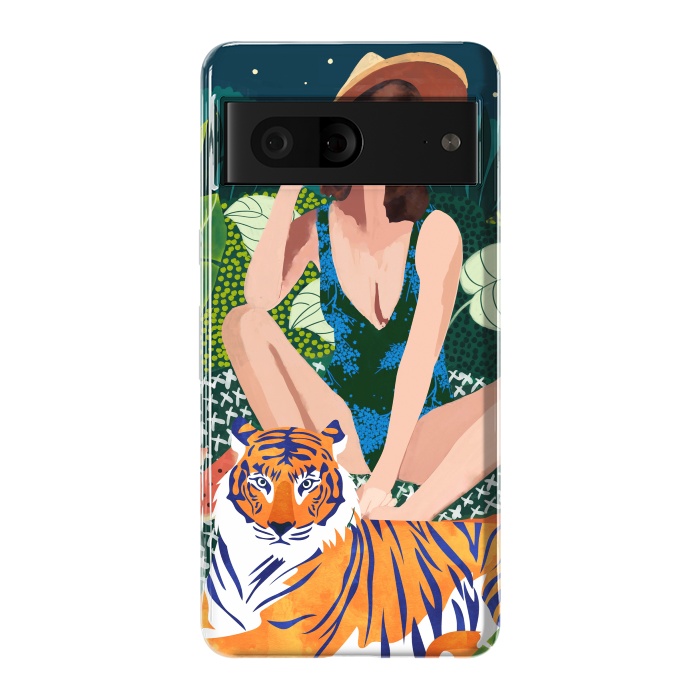 Pixel 7 StrongFit Living In The Jungle, Tiger Tropical Picnic Illustration, Forest Woman Bohemian Travel Camp Wild by Uma Prabhakar Gokhale