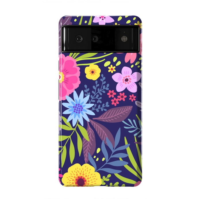 Pixel 6 StrongFit Amazing seamless floral pattern with bright colorful flowers and leaves on a dark blue background by ArtsCase