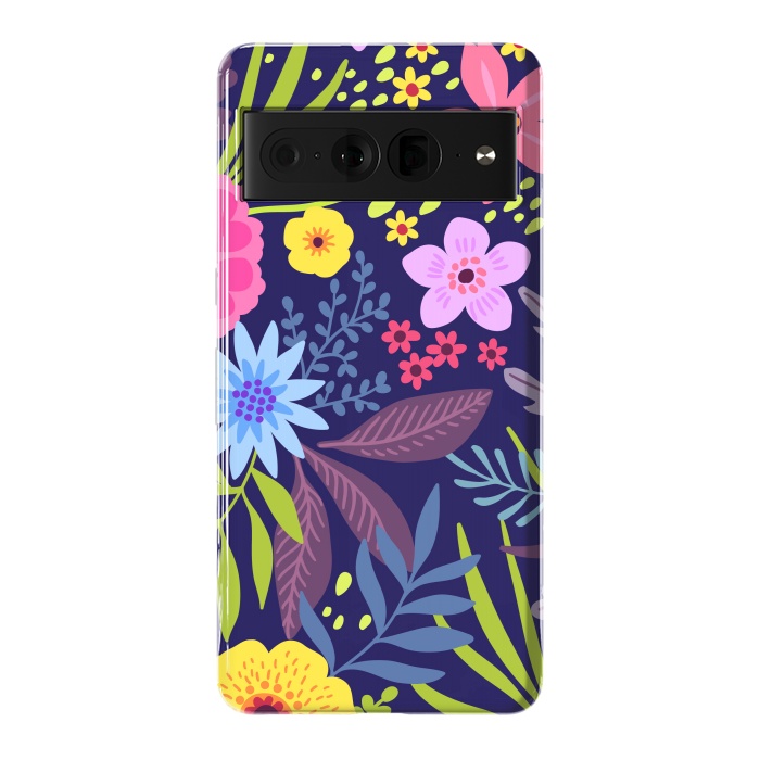 Pixel 7 Pro StrongFit Amazing seamless floral pattern with bright colorful flowers and leaves on a dark blue background by ArtsCase