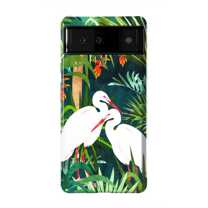 Pixel 6 StrongFit To Me, You're Perfect, Tropical Jungle Heron Watercolor Vibrant Painting, Stork Birds Wildlife Love by Uma Prabhakar Gokhale