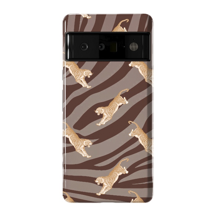 Pixel 6 Pro StrongFit Tiger pattern on brown stripes - modern animal pattern by Oana 