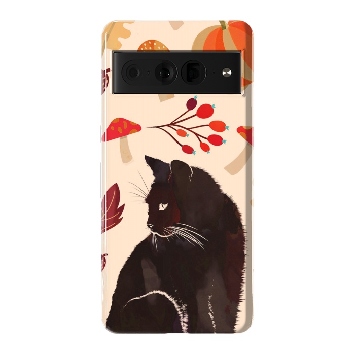 Pixel 7 Pro StrongFit Black cat and autumn woodland pattern - leaves, mushroom, pumpkin by Oana 
