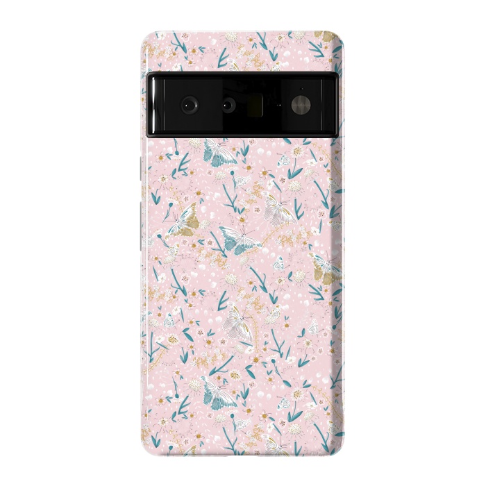 Pixel 6 Pro StrongFit Delicate Daisies and Butterflies half-drop repeat pattern on Pink by Paula Ohreen