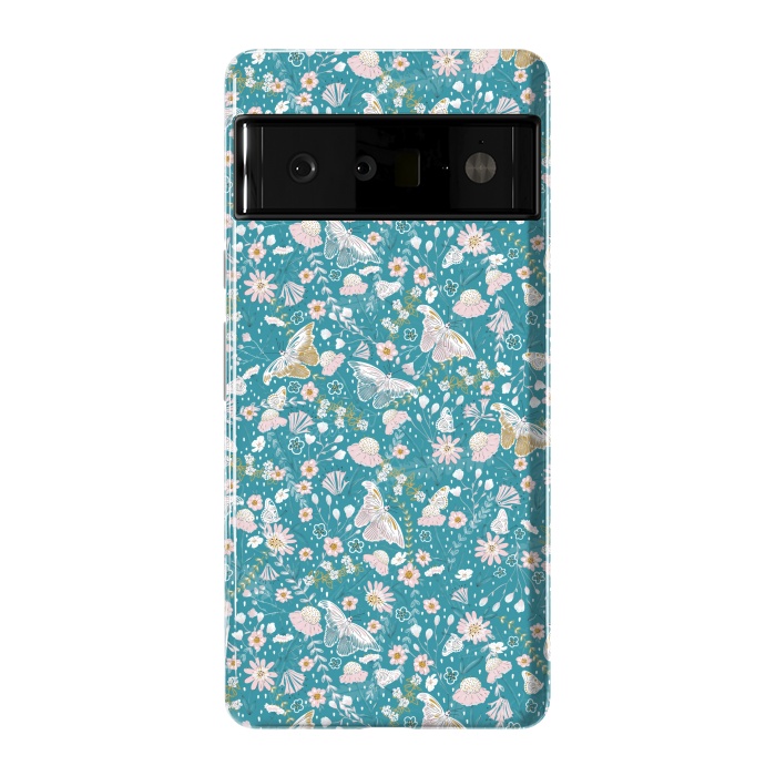 Pixel 6 Pro StrongFit Delicate Daisies and Butterflies half-drop repeat pattern on Blue by Paula Ohreen