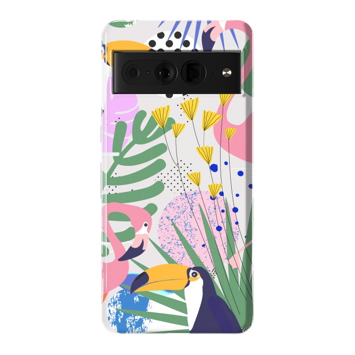 Pixel 7 Pro StrongFit Tropical Spring | Pastel Quirky Modern Bohemian Jungle Botanical | Flamingo Palm Cockatoo Birds by Uma Prabhakar Gokhale