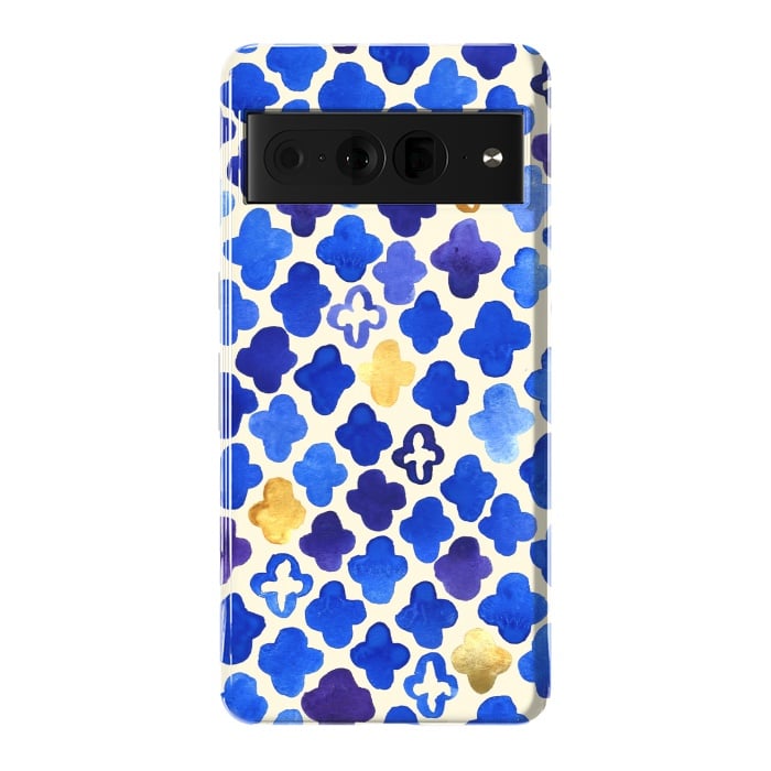 Pixel 7 Pro StrongFit Rustic Watercolor Moroccan in Royal Blue & Gold by Tangerine-Tane