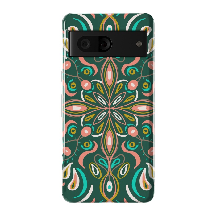 Pixel 7 StrongFit Bold Boho Mandala in Green Coral and Gold by ECMazur 