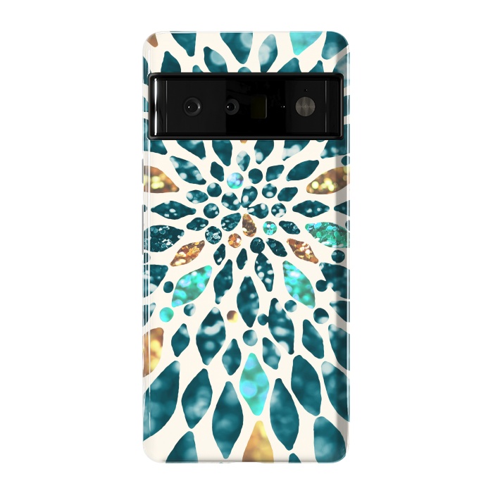 Pixel 6 Pro StrongFit Glitter Dahlia in Gold, Aqua and Ocean Green by Tangerine-Tane