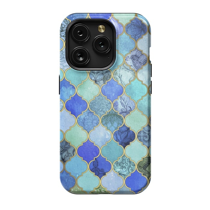 iPhone 15 Pro StrongFit Cobalt Blue Aqua and Gold Decorative Moroccan Tile Pattern by Micklyn Le Feuvre