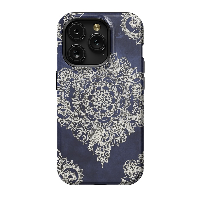 iPhone 15 Pro StrongFit Cream Floral Moroccan Pattern on Deep Indigo Ink by Micklyn Le Feuvre