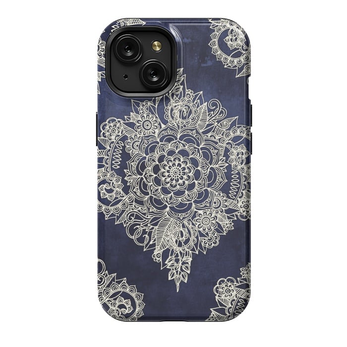 iPhone 15 StrongFit Cream Floral Moroccan Pattern on Deep Indigo Ink by Micklyn Le Feuvre