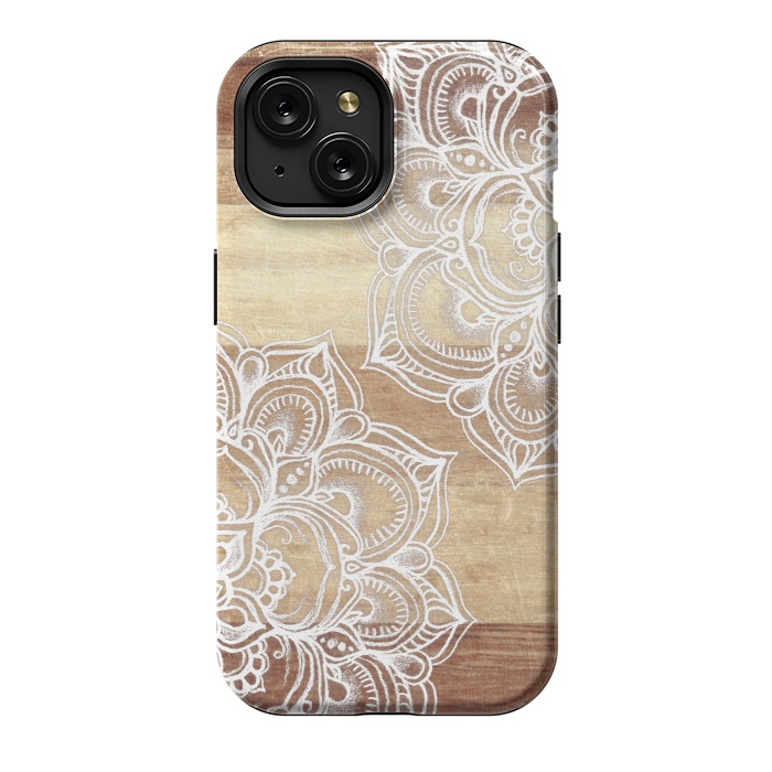 iPhone 15 StrongFit White doodles on blonde wood by Micklyn Le Feuvre