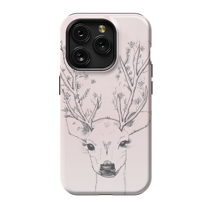 iPhone 15 Pro StrongFit Cute Handdrawn Floral Deer Antlers Pink by Girly Trend