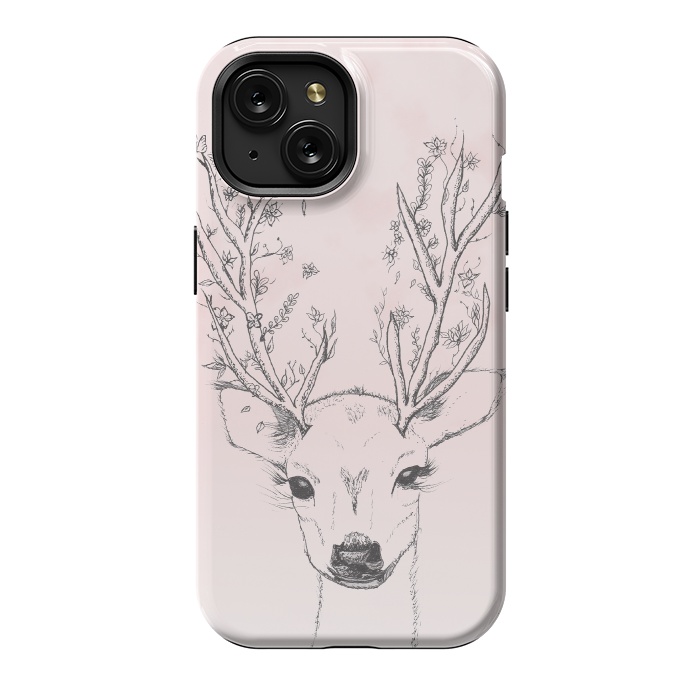 iPhone 15 StrongFit Cute Handdrawn Floral Deer Antlers Pink by Girly Trend