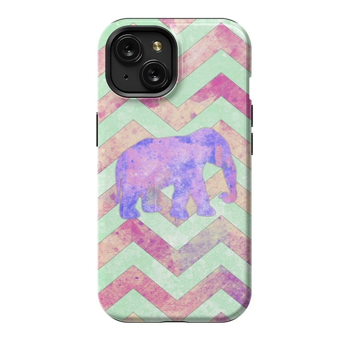 iPhone 15 StrongFit Elephant Mint Green Chevron Pink Watercolor by Girly Trend