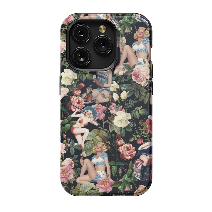 iPhone 15 Pro StrongFit Floral and Pin Up Girls Pattern by Burcu Korkmazyurek