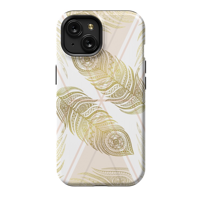 iPhone 15 StrongFit Gold Feathers by Barlena