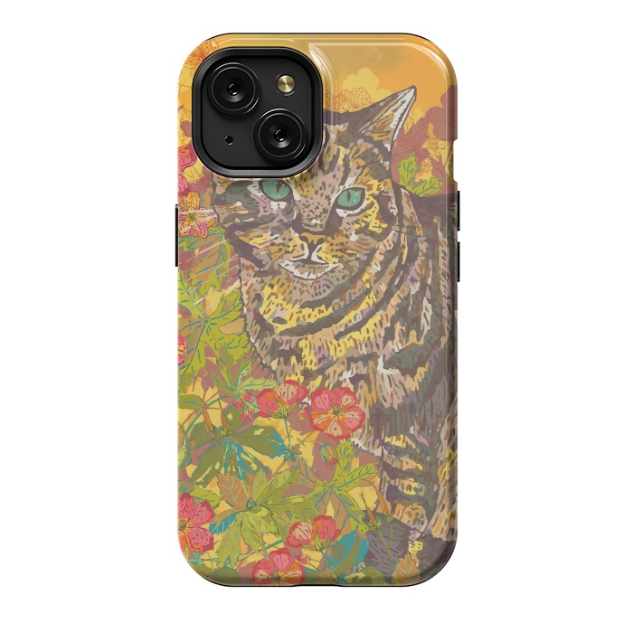 iPhone 15 StrongFit Tabby Cat in Geraniums by Lotti Brown