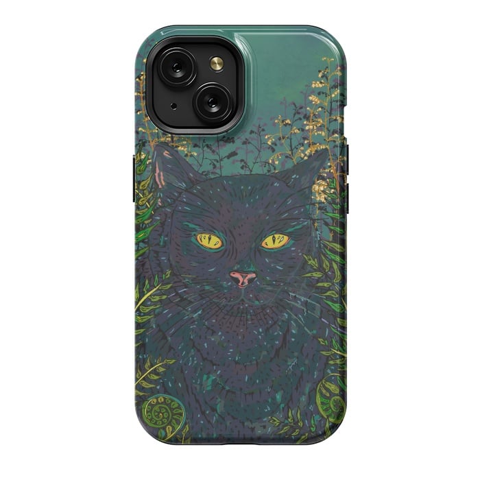 iPhone 15 StrongFit Black Cat in Ferns by Lotti Brown