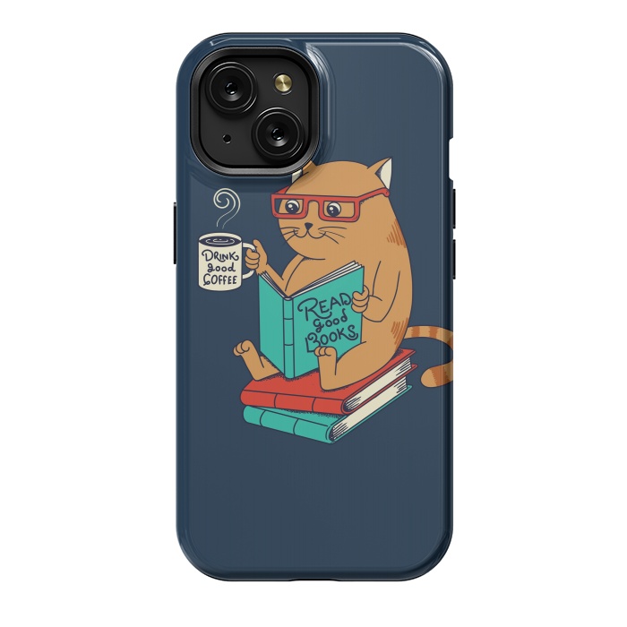 iPhone 15 StrongFit Cat drink good coffee read good books by Coffee Man