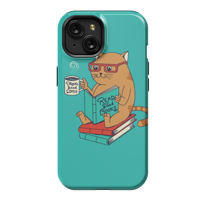 iPhone 15 StrongFit Cat coffee and books by Coffee Man