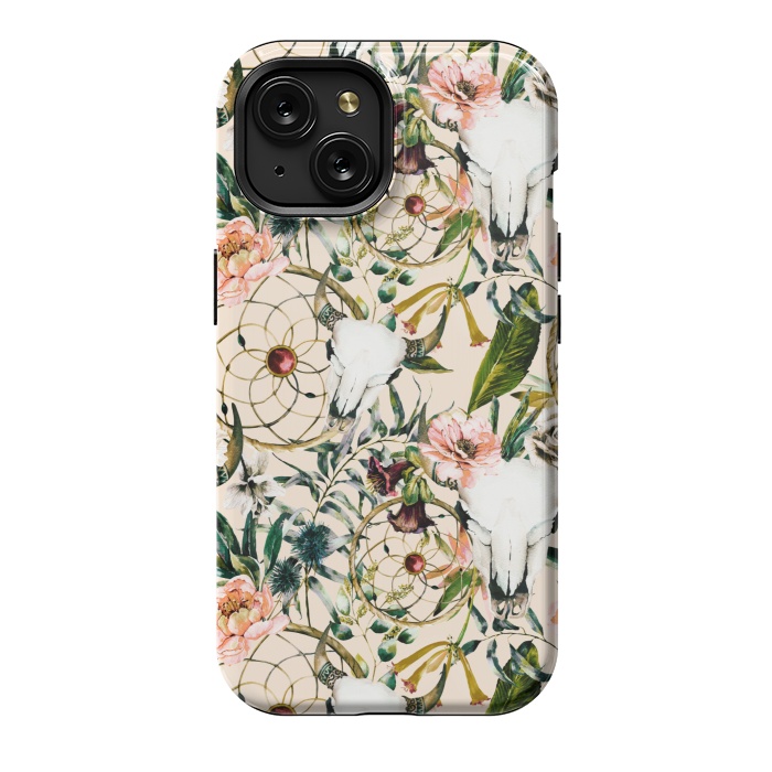 iPhone 15 StrongFit Bohemian dreamcatcher and skull floral  by Mmartabc
