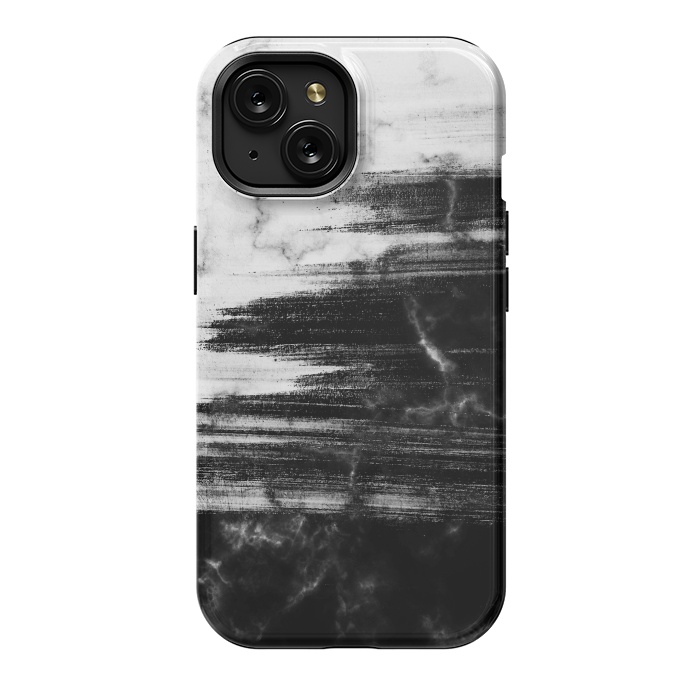 iPhone 15 StrongFit Scratched half black half white brushed marble by Oana 